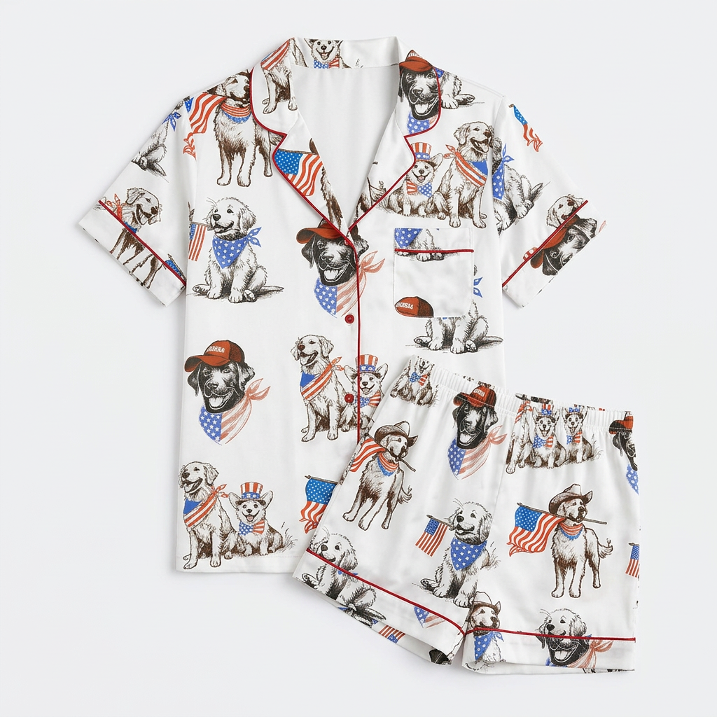 Women's satin pajama set with golden retrievers in star bandanas and ball caps carrying little flags - flat lay