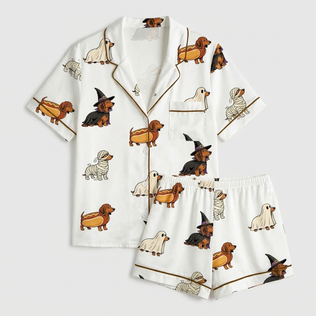 Women's satin pajama set with dachshunds dressed as witches, ghosts and mummies on white - flat lay