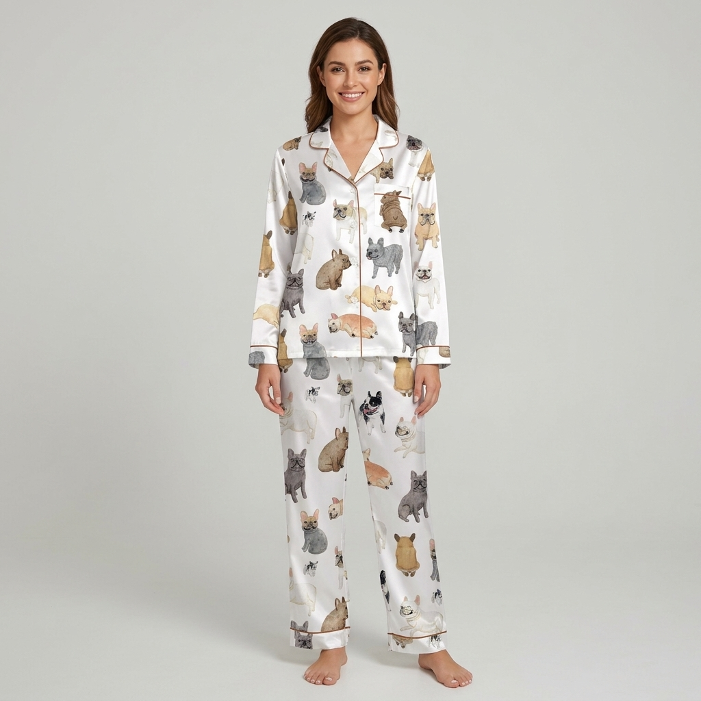 Women's satin pajama set with painted gray, fawn, white and black French bulldogs on white with copper piping - long sleeve and pants