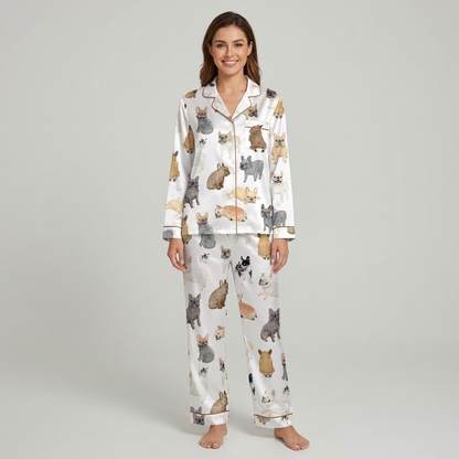 Women's satin pajama set with painted gray, fawn, white and black French bulldogs on white with copper piping - long sleeve and pants