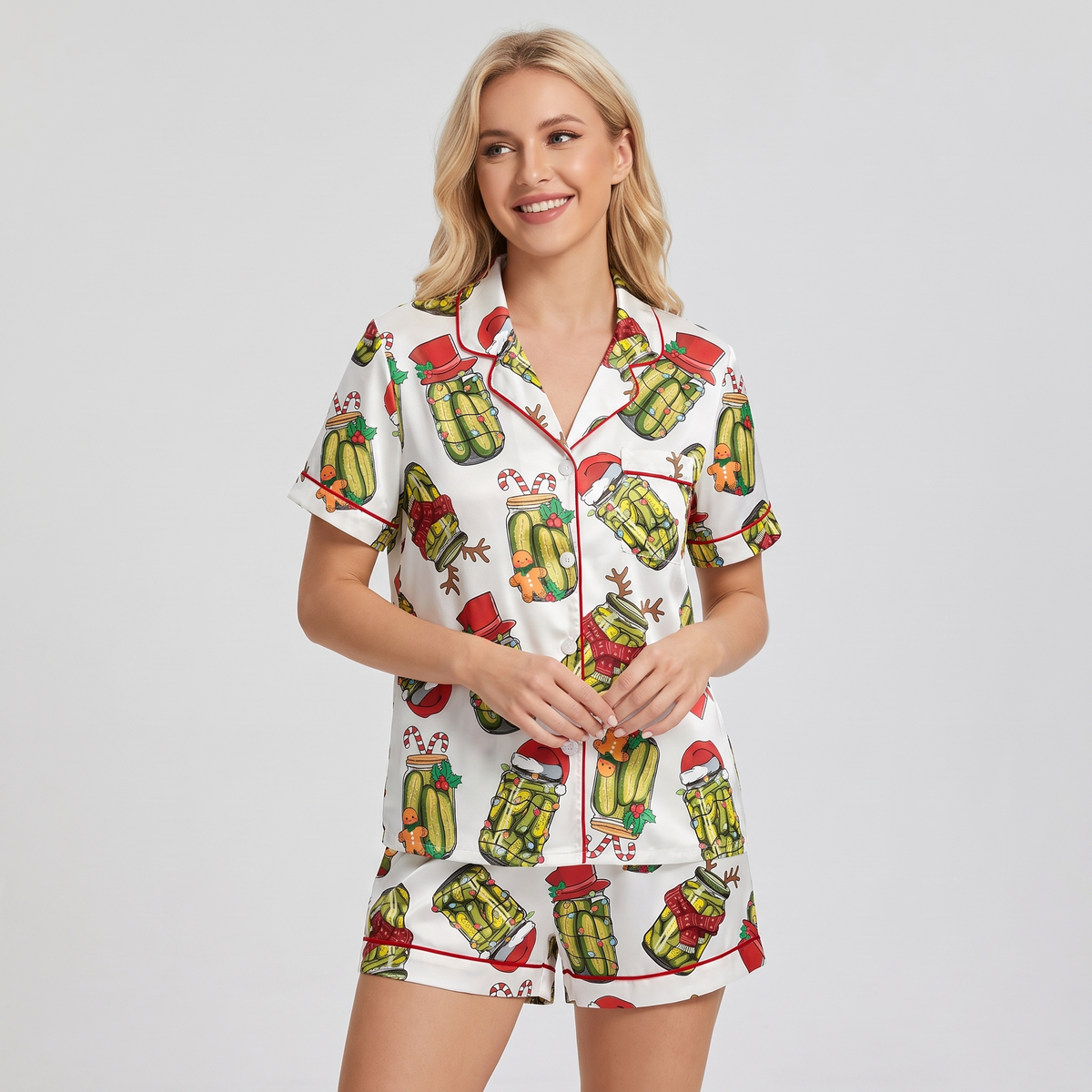 Christmas Pickle Jars Women's Pajama Set - short sleeve and shorts