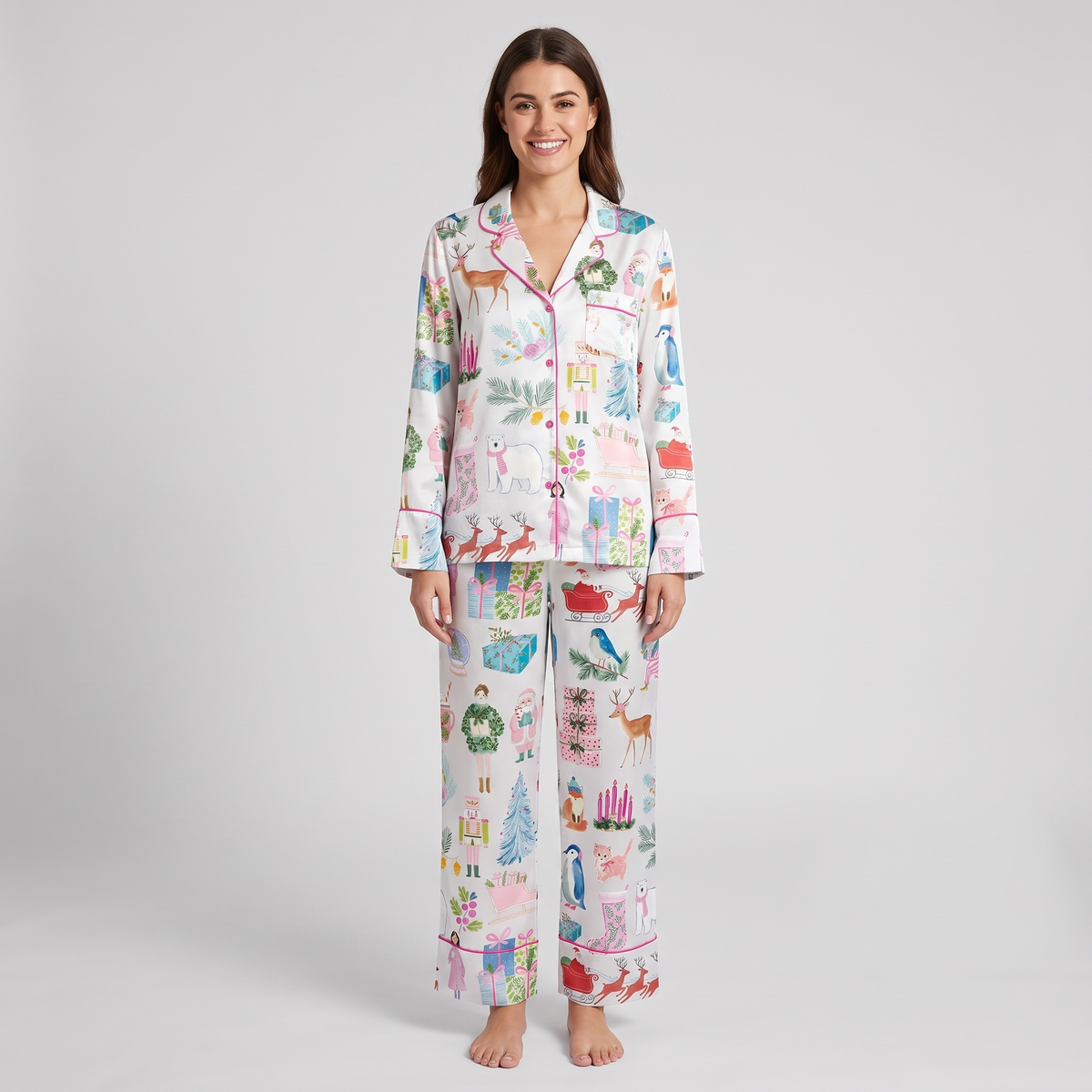 Watercolor Christmas Doodles Women's Pajama Set - long sleeve and pants