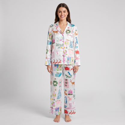 Watercolor Christmas Doodles Women's Pajama Set - long sleeve and pants