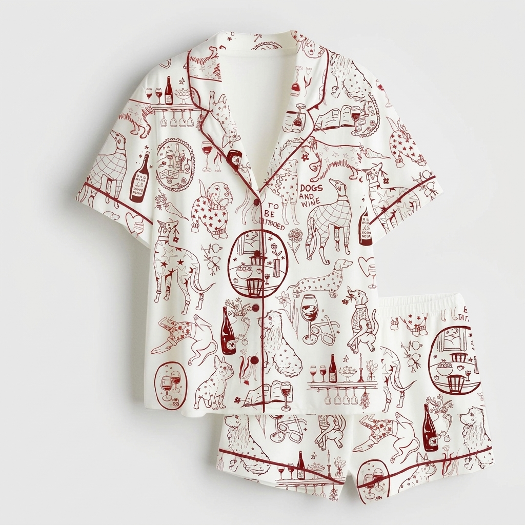 Women's satin pajama set with dogs, wine bottles and glasses in burgundy line art on white - flat lay