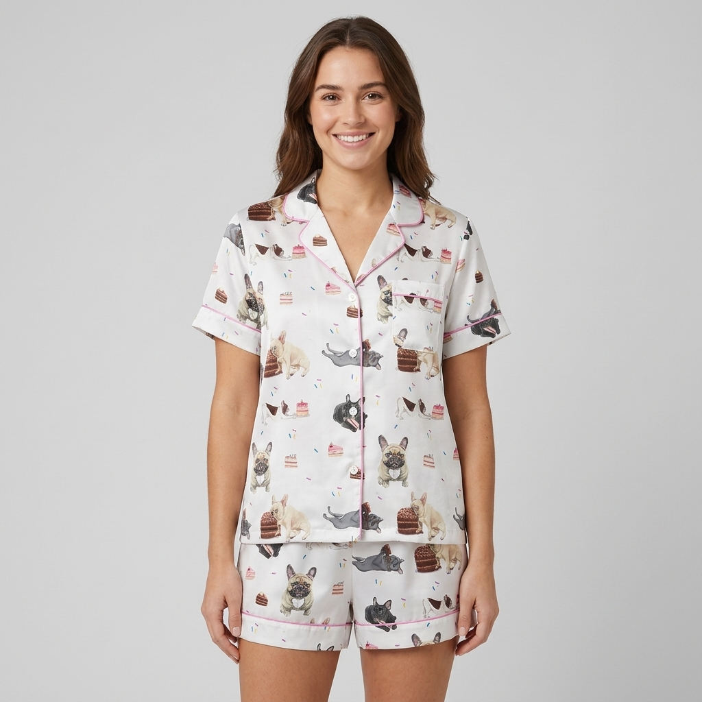 Women's satin pajama set with cream, fawn and gray French bulldogs between birthday cakes and strawberries on white - short sleeve and shorts