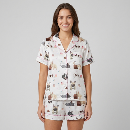 Women's satin pajama set with cream, fawn and gray French bulldogs between birthday cakes and strawberries on white - short sleeve and shorts