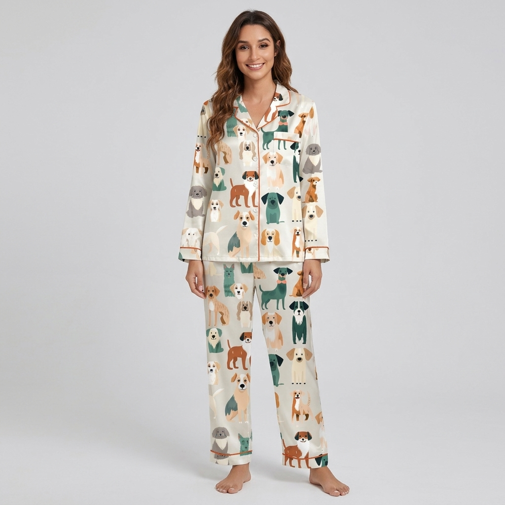 Women's satin pajama set with a lineup of cartoon dogs in tan, teal and brown on creamy white with orange piping - long sleeve and pants