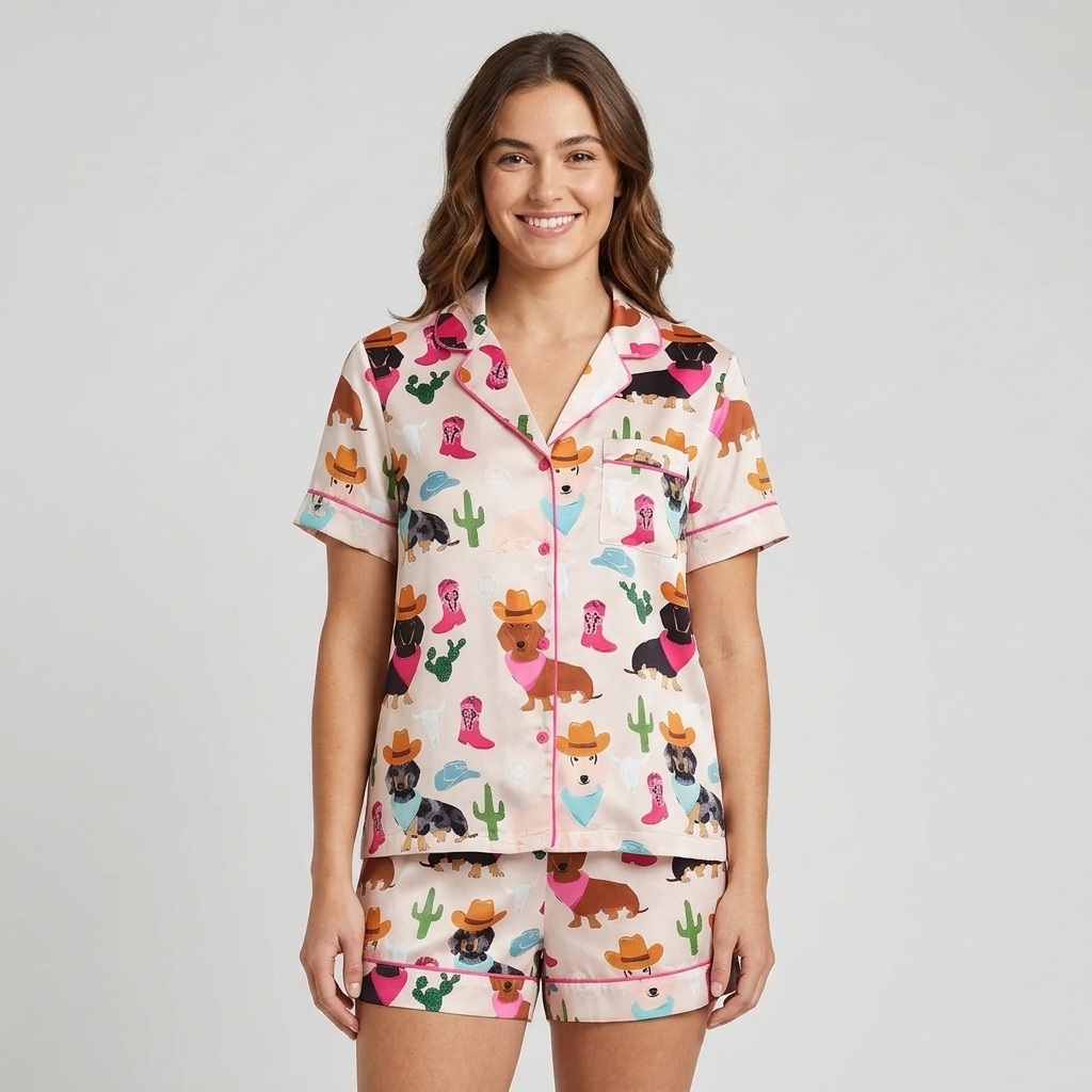 Women's long-sleeve satin pajama set with dachshunds in cowboy hats and boots among cacti on blush peach - short sleeve and shorts