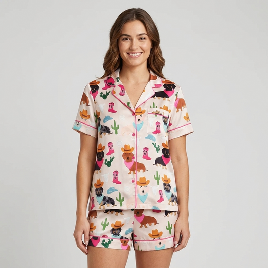Women's long-sleeve satin pajama set with dachshunds in cowboy hats and boots among cacti on blush peach - short sleeve and shorts