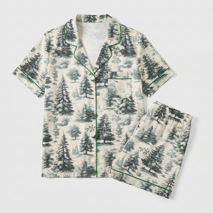 Green Toile Forest Women's Pajama Set - flat lay