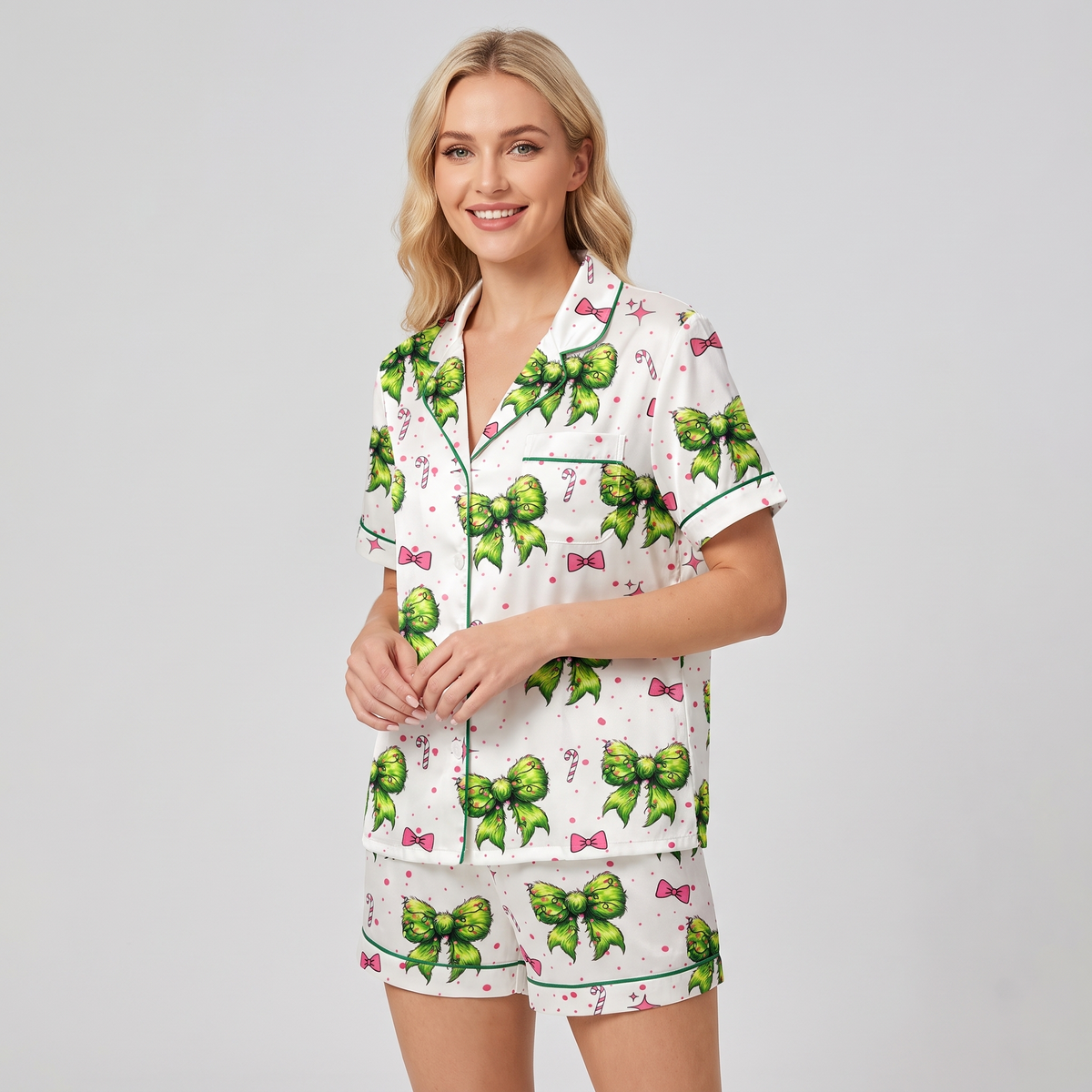 Lime Bows & Ornaments Women's Pajama Set - short sleeve and shorts