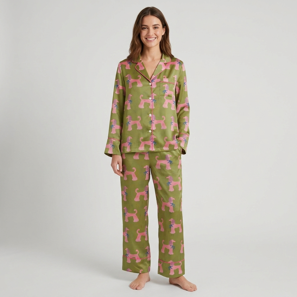 Women's satin pajama set with pink poodles in blue bow ties on olive green - long sleeve and pants