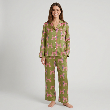 Women's satin pajama set with pink poodles in blue bow ties on olive green - long sleeve and pants