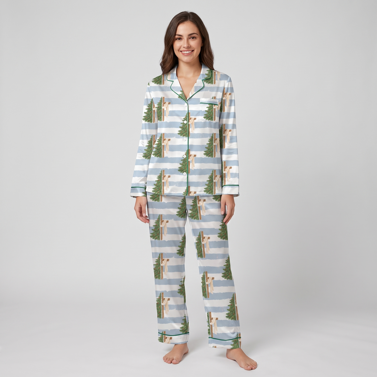 Blue Stripe Tree Cross Women's Pajama Set - long sleeve and pants