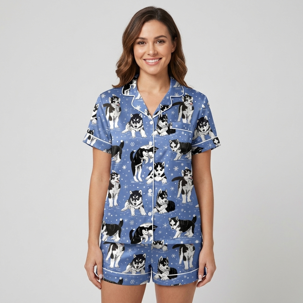 Women's satin pajama set with black-and-white huskies in scarves among snowflakes on periwinkle blue - short sleeve and shorts
