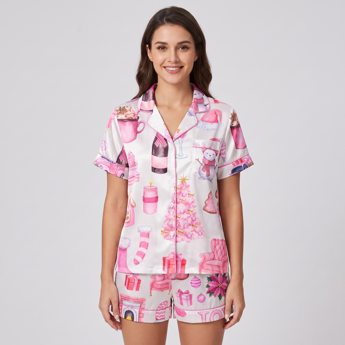 Pink Winter Cabin Women's Pajama Set - short sleeve and shorts