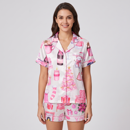 Pink Winter Cabin Women's Pajama Set - short sleeve and shorts