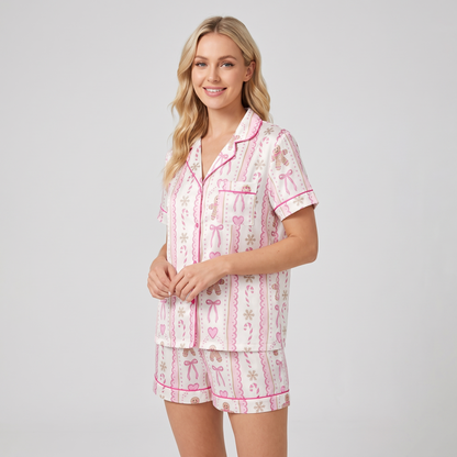 Pink Gingerbread Stripes Women's Pajama Set - short sleeve and shorts