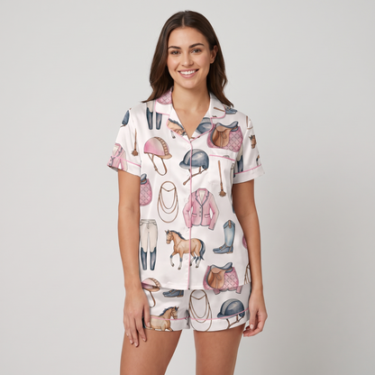 Pearls and Pink Helmets Horse Women's Pajama Set - short sleeve and shorts