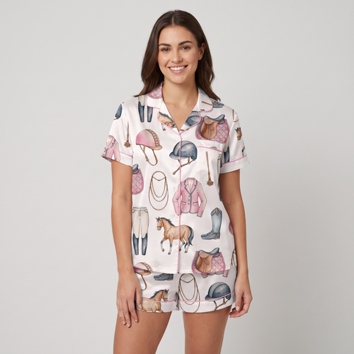 Pearls and Pink Helmets Horse Women's Pajama Set - short sleeve and shorts