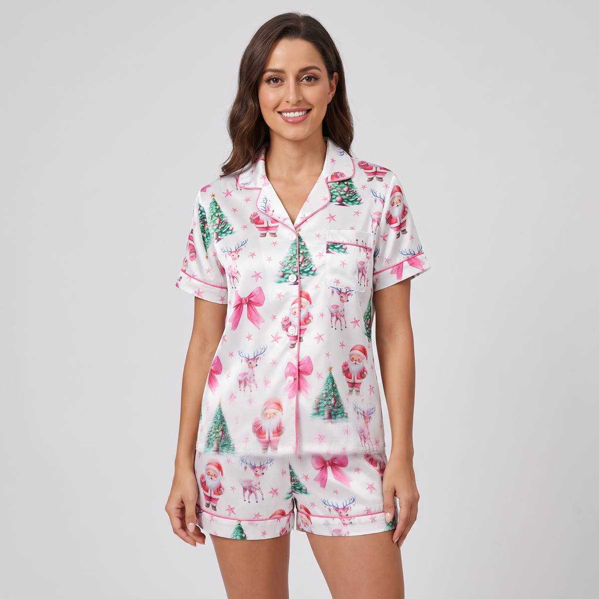 Pink Santas, Bows & Trees Women's Pajama Set - short sleeve and shorts