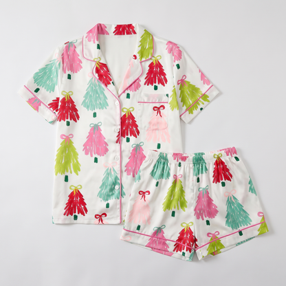 Pink, Green & Red Trees Women's Pajama Set - flat lay