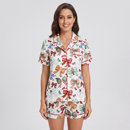 Snowman & Elf Bows Women's Pajama Set - short sleeve and shorts