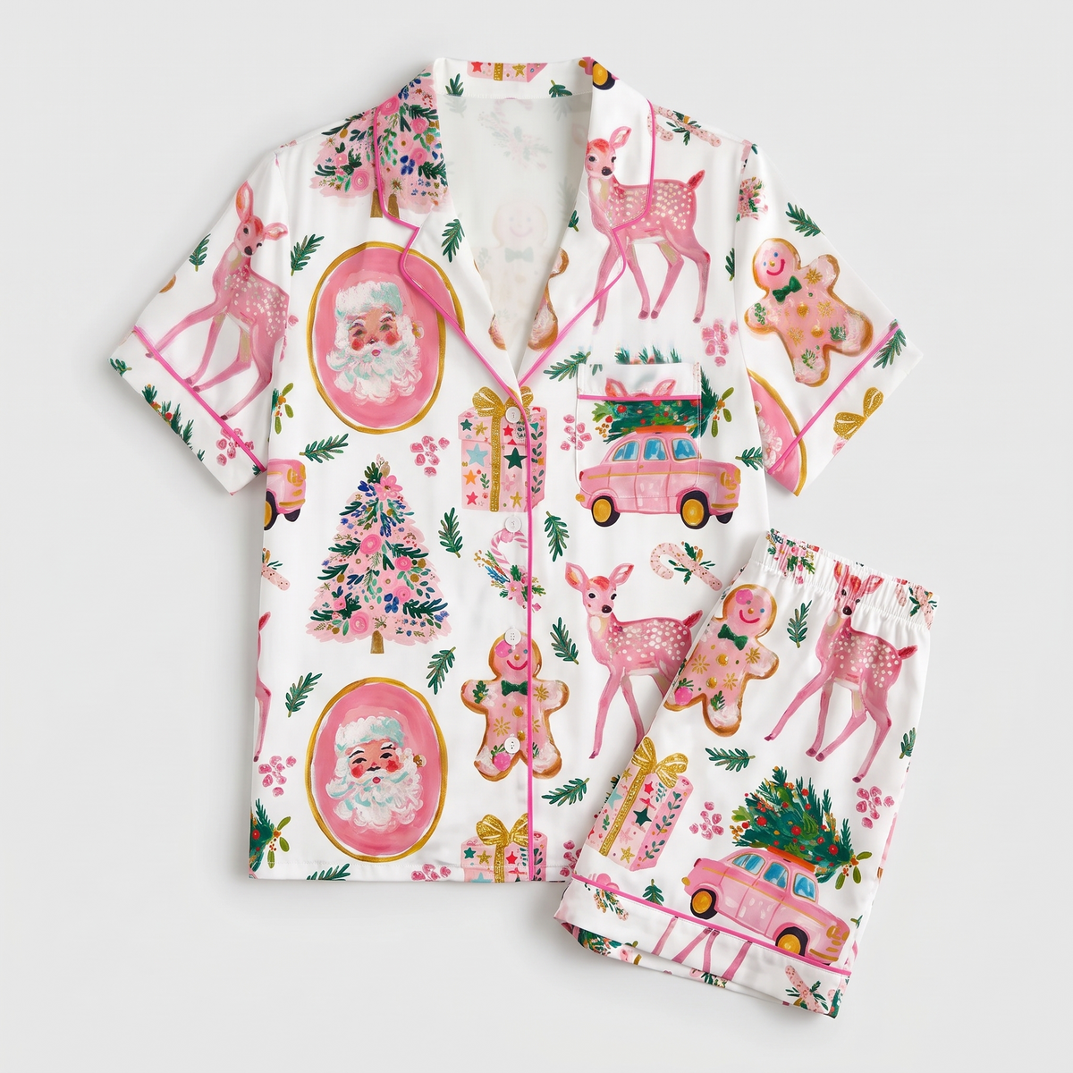 Pink Santa Road Trip Women's Pajama Set - flat lay