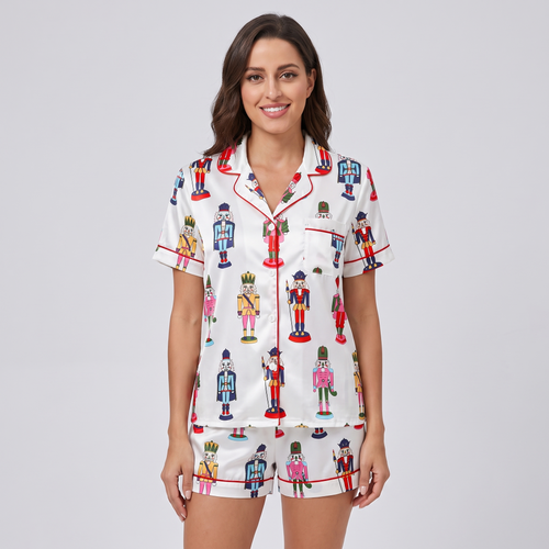 Bright Nutcracker Soldiers Women's Pajama Set - short sleeve and shorts
