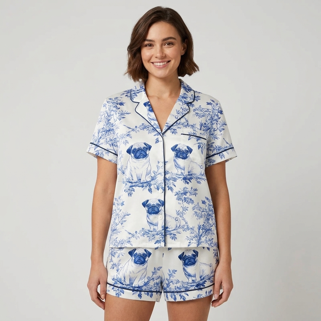 Women's satin pajama set with pug faces in blue and white garden leaves - short sleeve and shorts