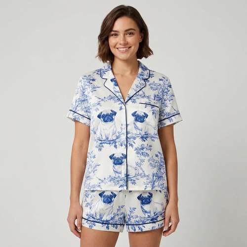 Women's satin pajama set with pug faces in blue and white garden leaves - short sleeve and shorts