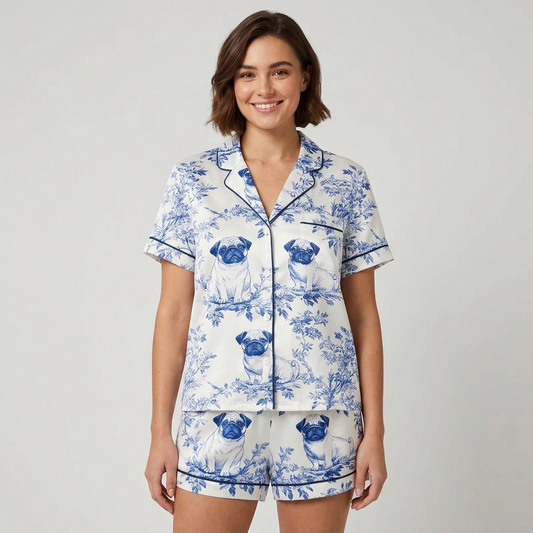 Women's satin pajama set with pug faces in blue and white garden leaves - short sleeve and shorts