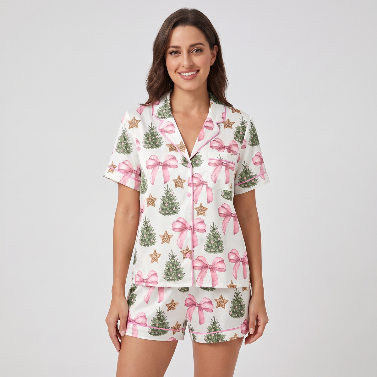 Coquette Bow Trees Women's Pajama Set - short sleeve and shorts
