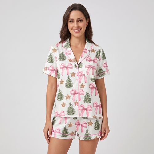 Coquette Bow Trees Women's Pajama Set - short sleeve and shorts