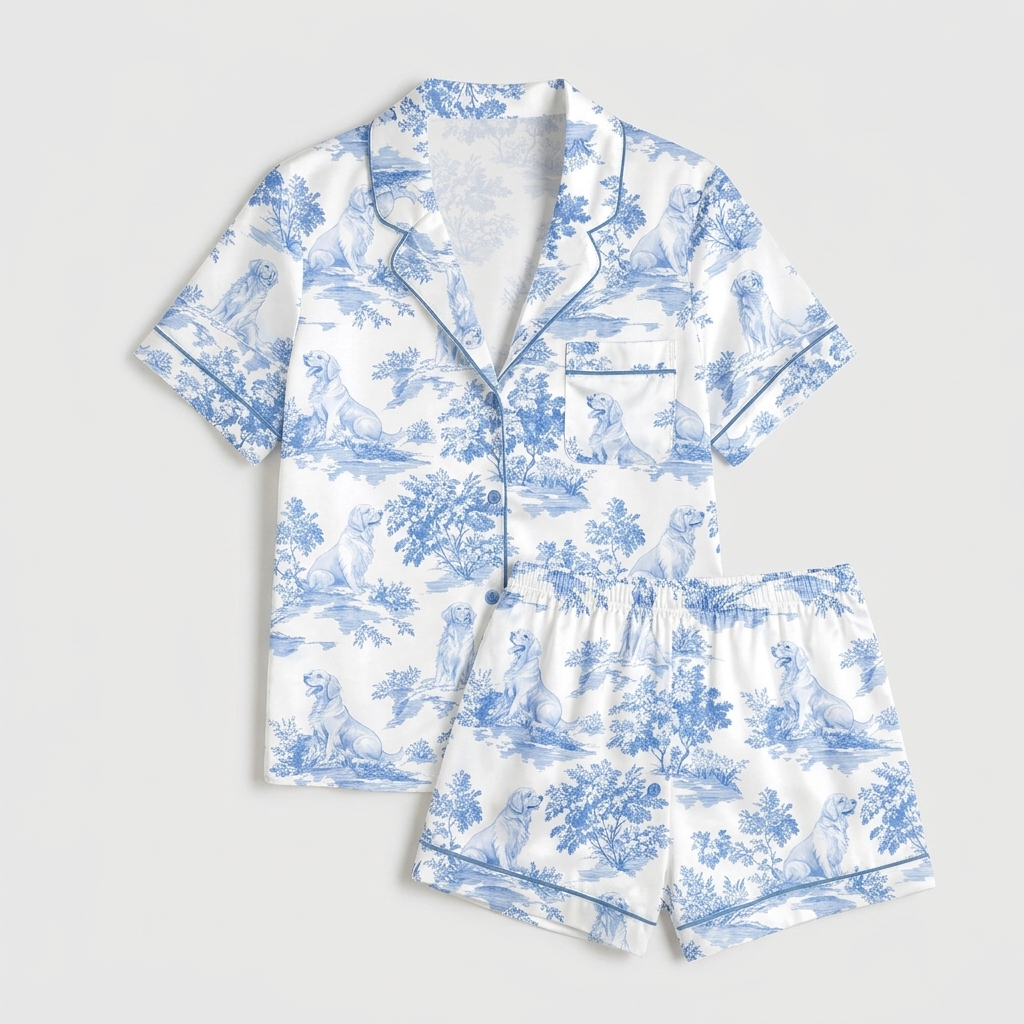 Women's satin pajama set with golden retrievers in a blue toile of trees and hills on white - flat lay