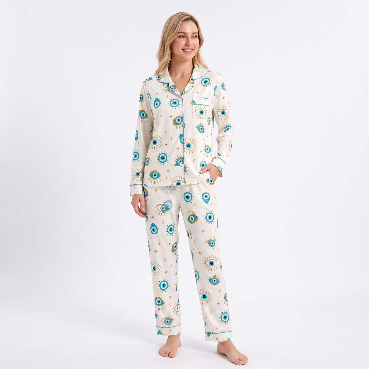 Lucky Evil Eye Women's Pajama Set - Cream - long sleeve and pants