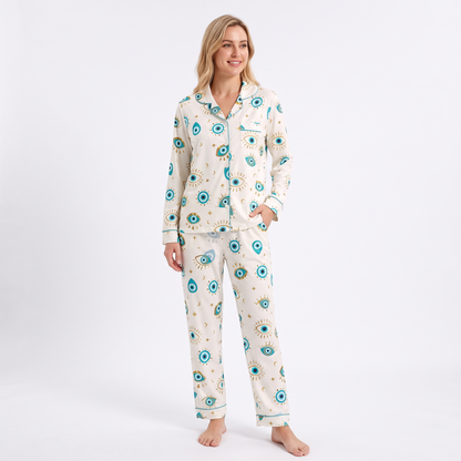 Lucky Evil Eye Women's Pajama Set - Cream - long sleeve and pants