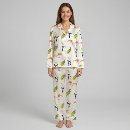 Women's satin pajama set with orange dachshunds, martinis, olive skewers and black bows on white - long sleeve and pants