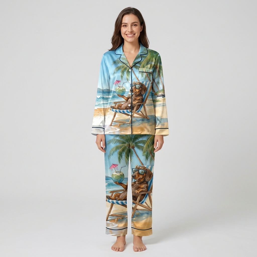Women's satin pajama set in light blue with a dachshund in sunglasses in a striped beach chair under palms - long sleeve and pants