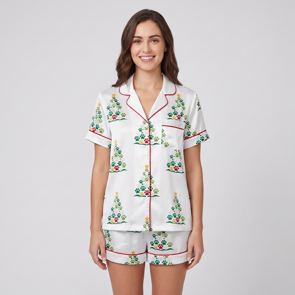 Paw Print Christmas Trees Women's Pajama Set - short sleeve and shorts