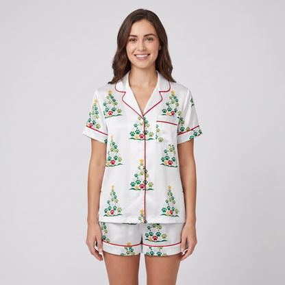 Paw Print Christmas Trees Women's Pajama Set - short sleeve and shorts