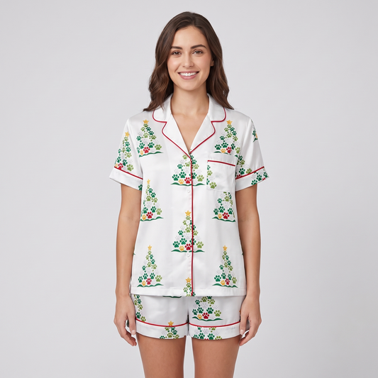 Paw Print Christmas Trees Women's Pajama Set - short sleeve and shorts