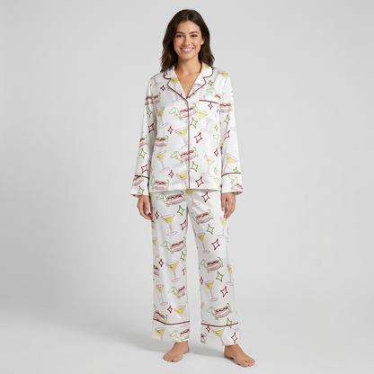 Women's satin pajama set with martinis, hot dogs and dachshund outlines on white with sparkly stars - long sleeve and pants