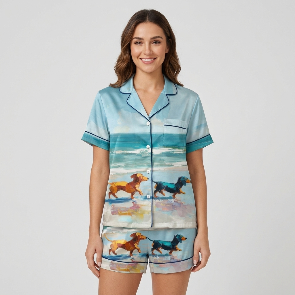 Women's satin pajama set in sky blue with a red and a black dachshund racing along an oil-painted shoreline - short sleeve and shorts