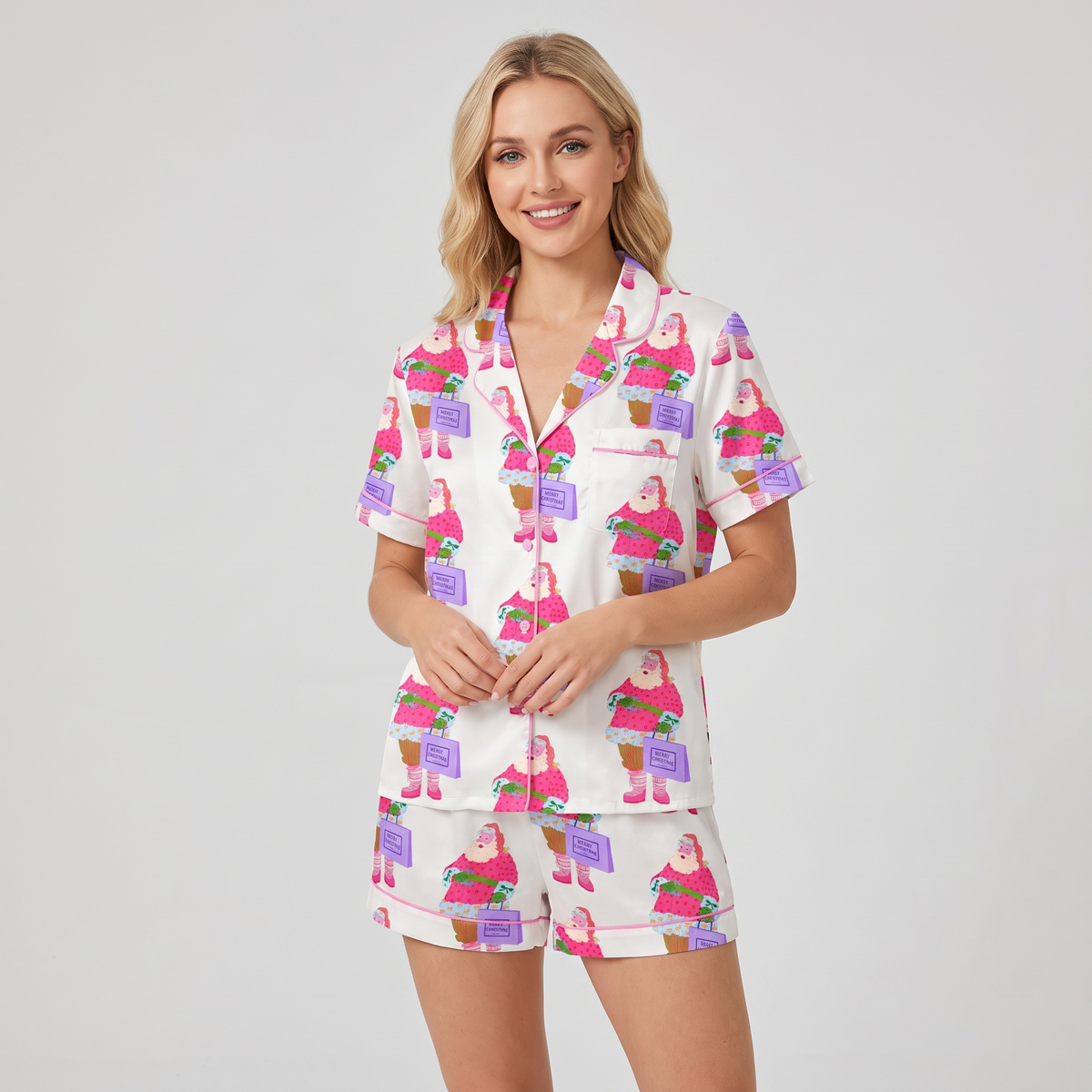 Pink Santa Shopping Spree Women's Pajama Set - short sleeve and shorts