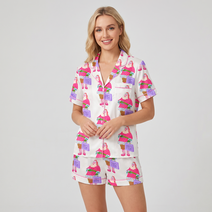 Pink Santa Shopping Spree Women's Pajama Set - short sleeve and shorts