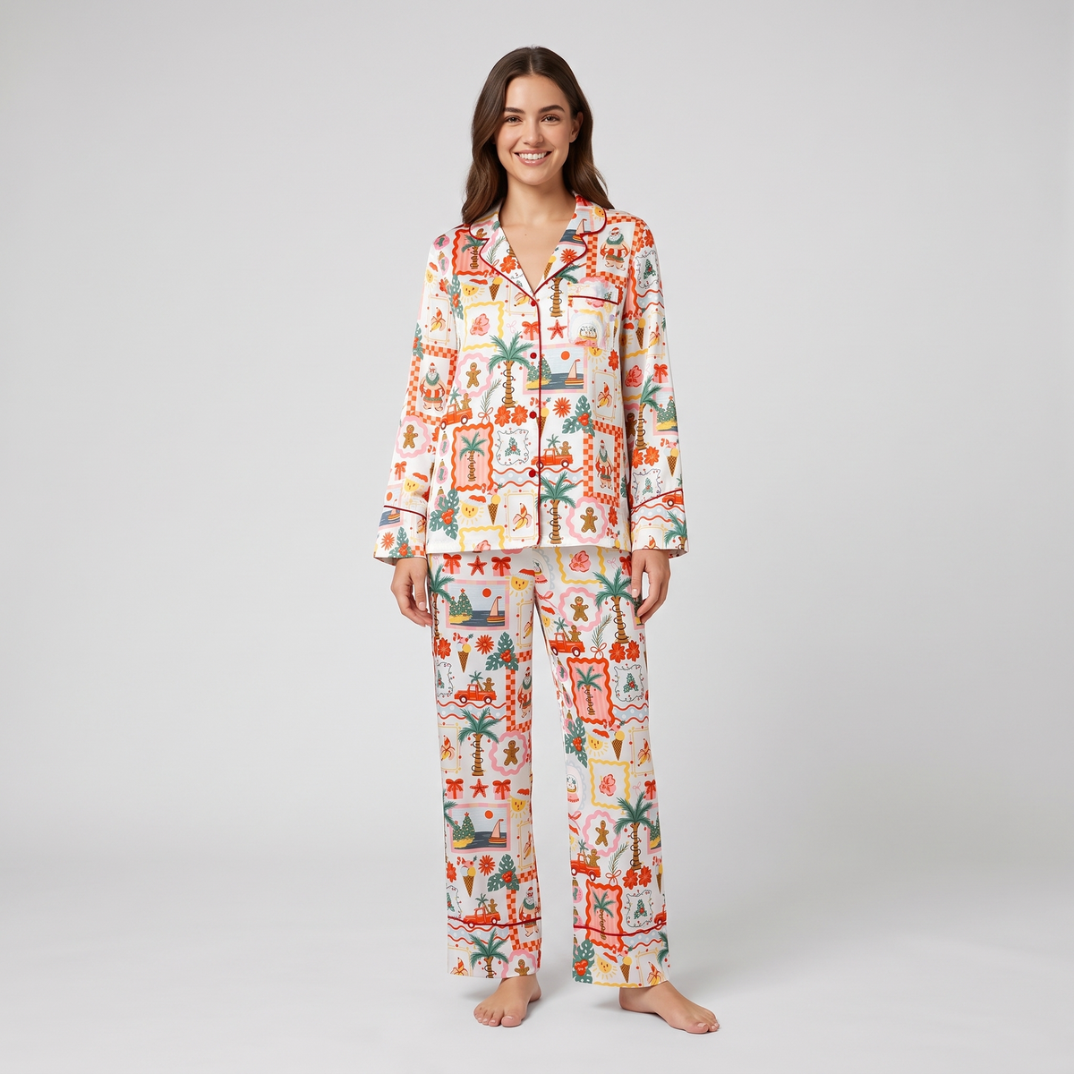 Tropical Christmas Tiles Women's Pajama Set - long sleeve and pants