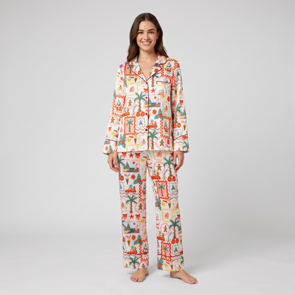 Tropical Christmas Tiles Women's Pajama Set - long sleeve and pants