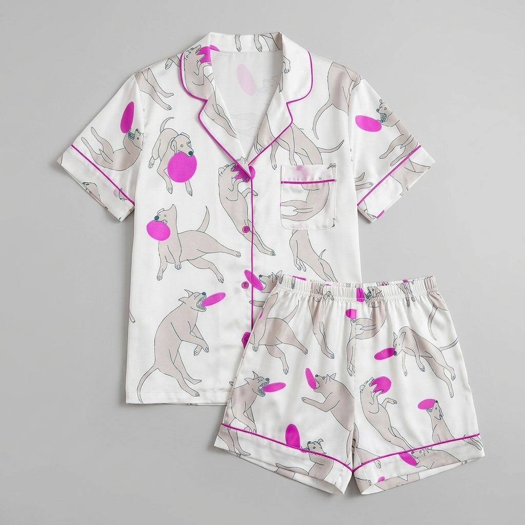 Women's satin pajama set with long-limbed gray dogs leaping for hot pink flying discs on white - flat lay