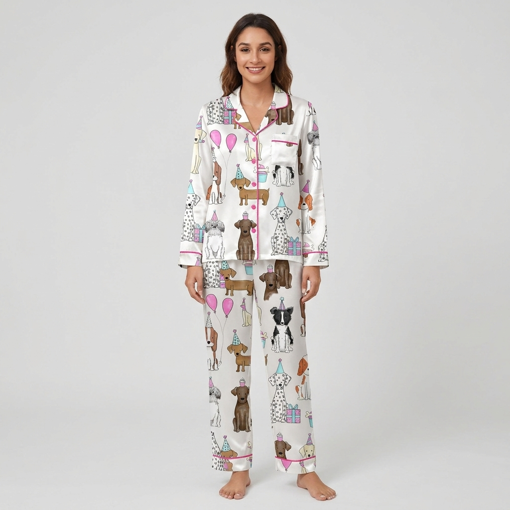 Women's satin pajama set with dogs in party hats beside pink balloons, cupcakes and wrapped gifts on white - long sleeve and pants